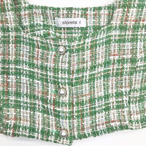 Storets DIANA Green White Plaid Tweed Pearl Button Crop Tank - Picture 2 of 11